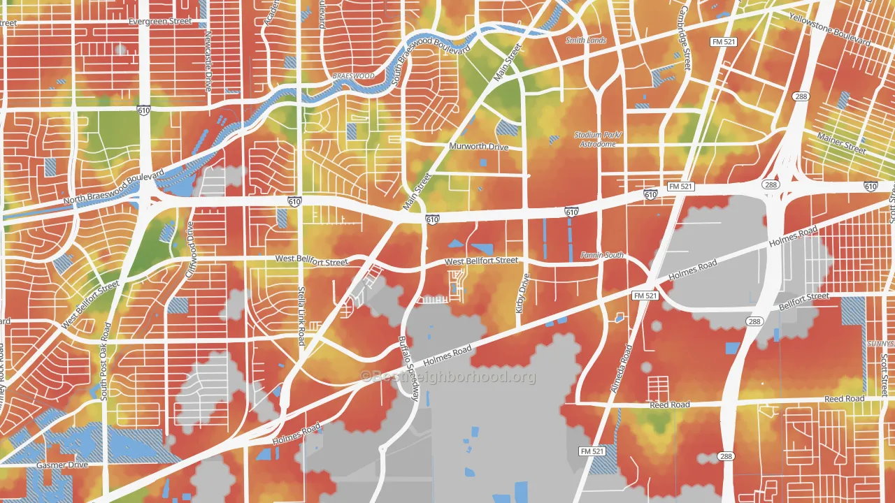 Walk Grade map of South Main, Houston, TX, walkable areas in green and car-dependent areas in red