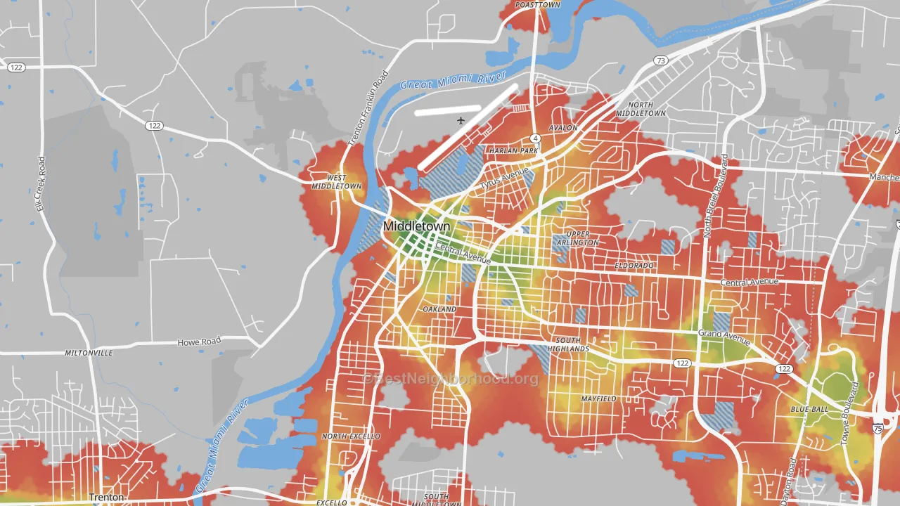 Walk Grade map of South Main Street Historic District, Middletown, OH, walkable areas in green and car-dependent areas in red