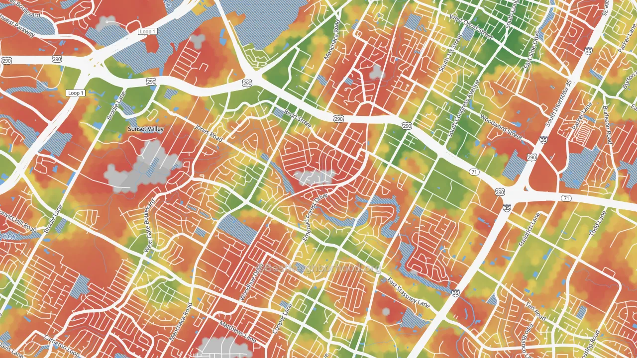 Walk Grade map of South Manchaca, Austin, TX, walkable areas in green and car-dependent areas in red