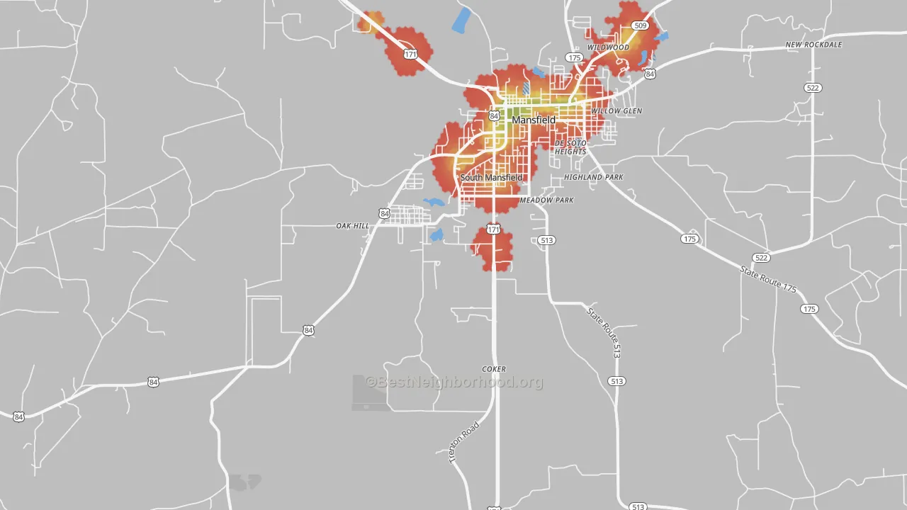 Walk Grade map of South Mansfield, LA, walkable areas in green and car-dependent areas in red