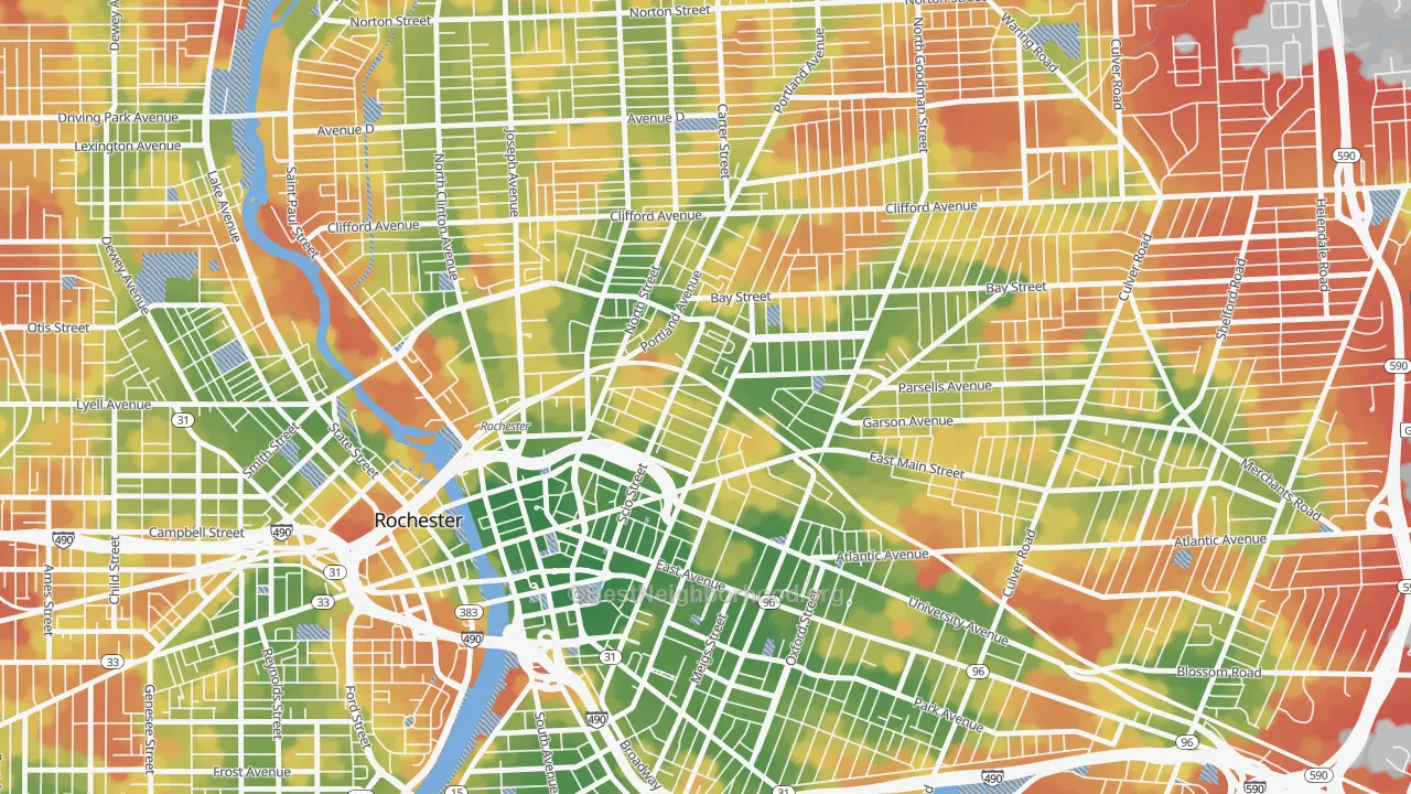 Walk Grade map of South Marketview Heights, Rochester, NY, walkable areas in green and car-dependent areas in red