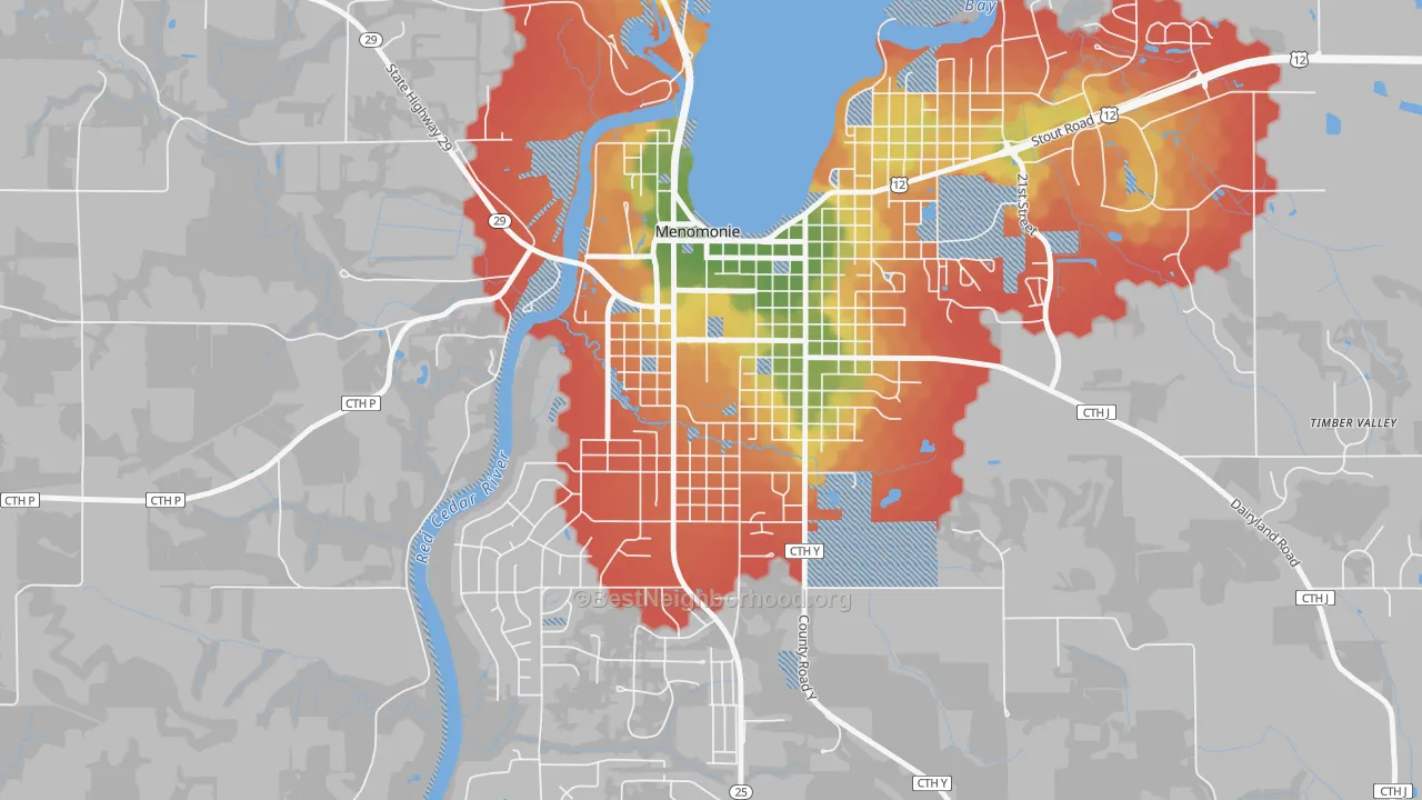 Walk Grade map of South Menomonie, Menomonie, WI, walkable areas in green and car-dependent areas in red