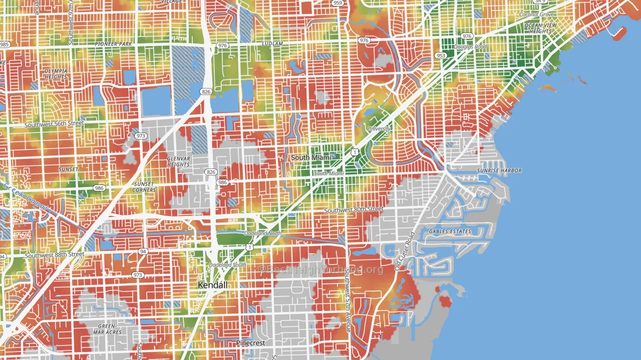 Walk Grade map of South Miami, FL, walkable areas in green and car-dependent areas in red