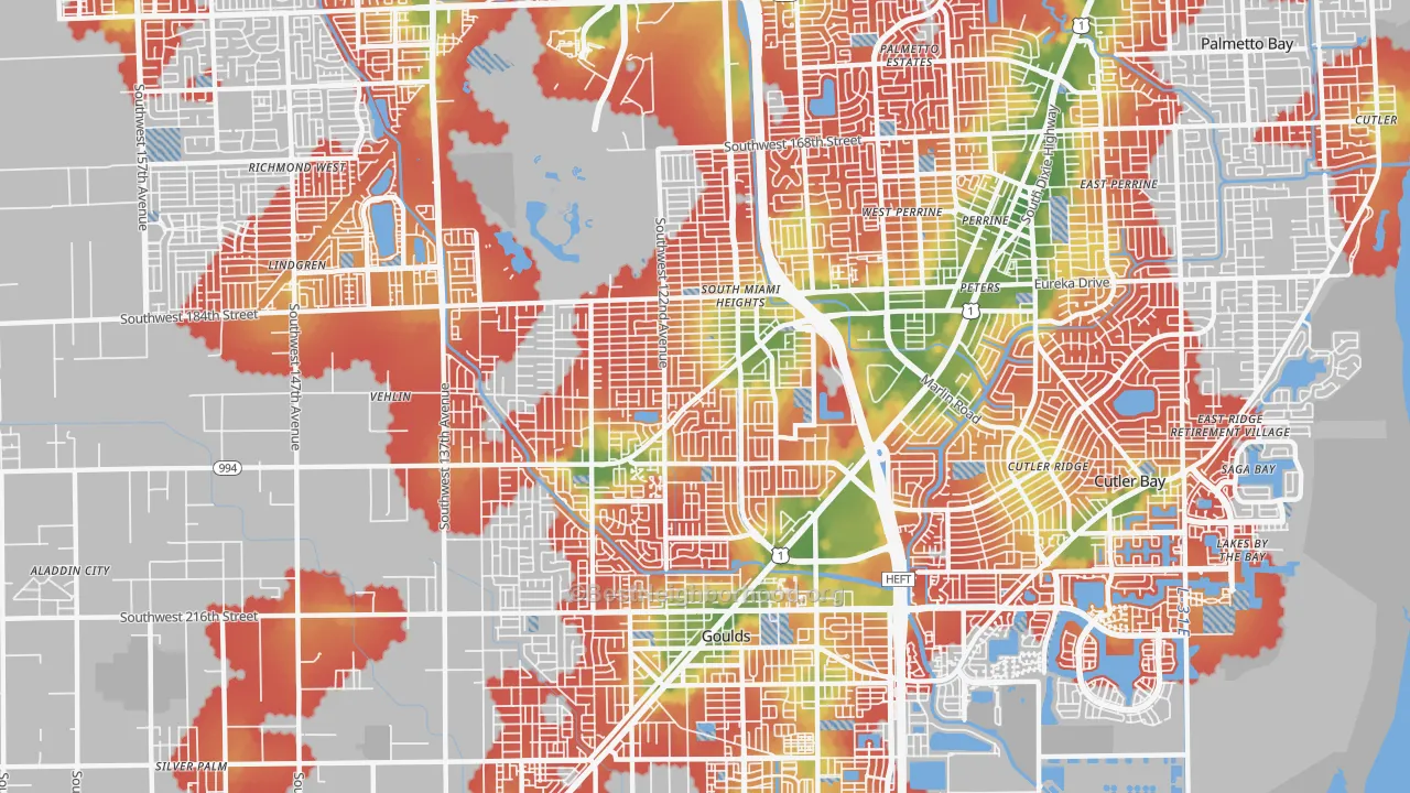 Walk Grade map of South Miami Heights, FL, walkable areas in green and car-dependent areas in red
