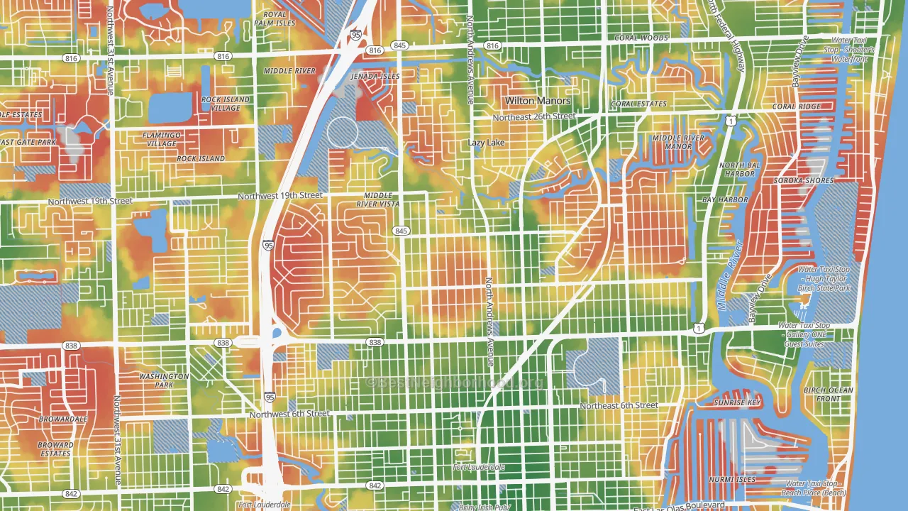 Walk Grade map of South Middle River, Fort Lauderdale, FL, walkable areas in green and car-dependent areas in red