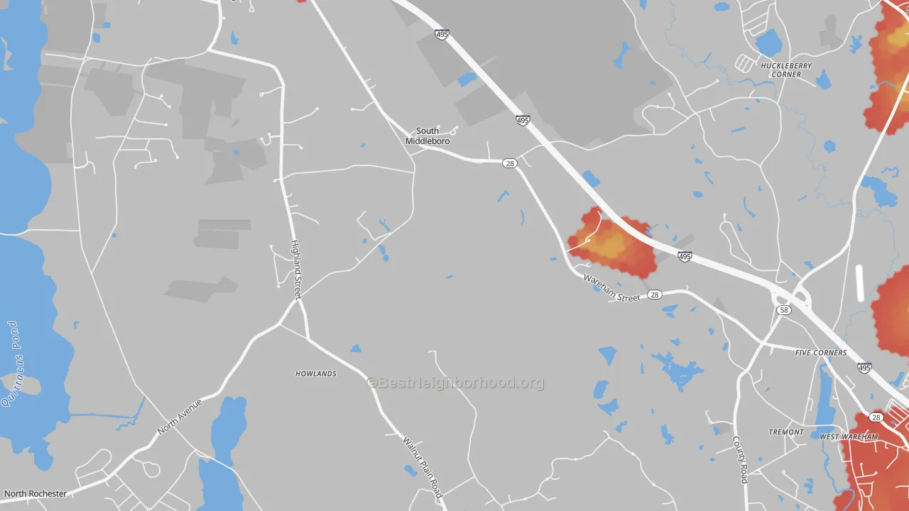 Walk Grade map of South Middleboro, MA, walkable areas in green and car-dependent areas in red