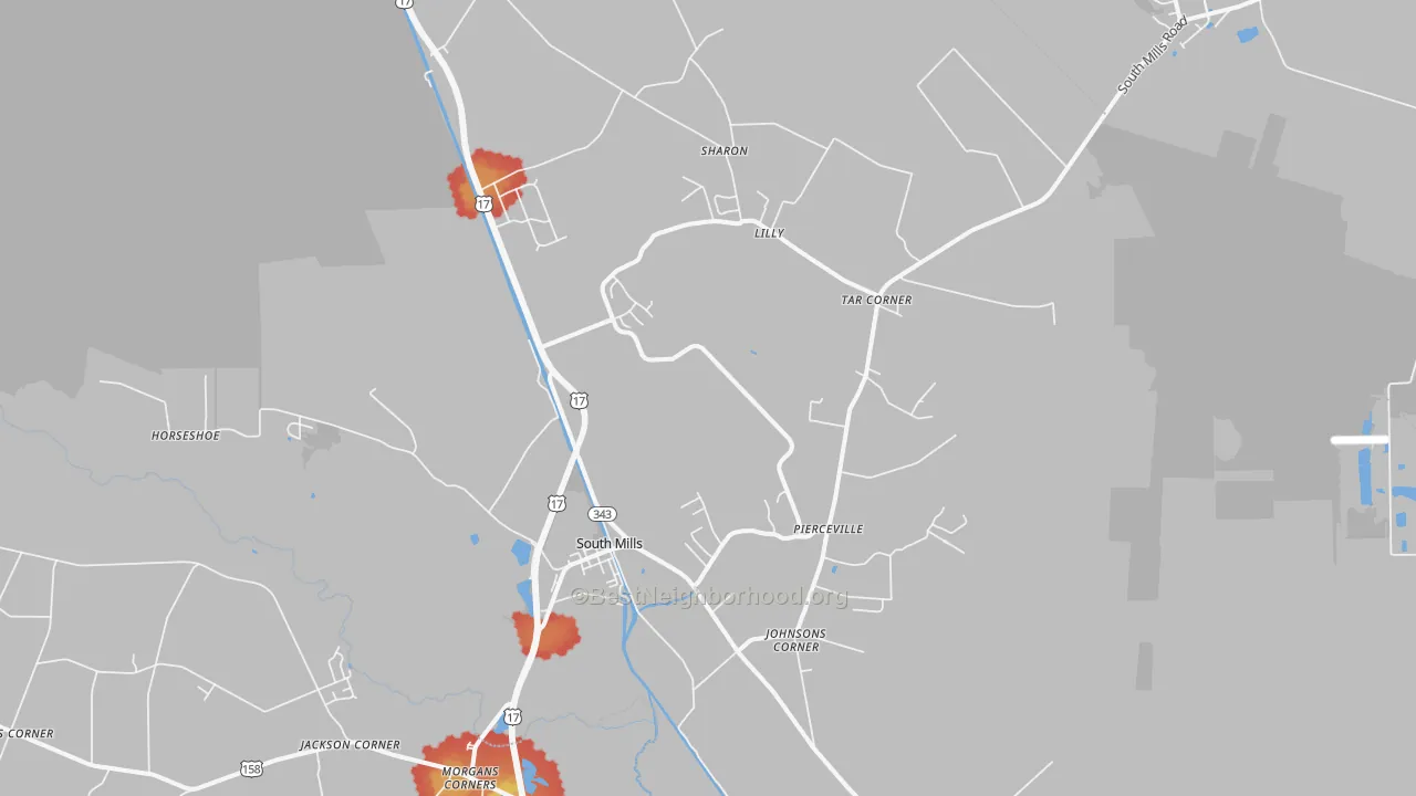 Walk Grade map of South Mills, NC, walkable areas in green and car-dependent areas in red