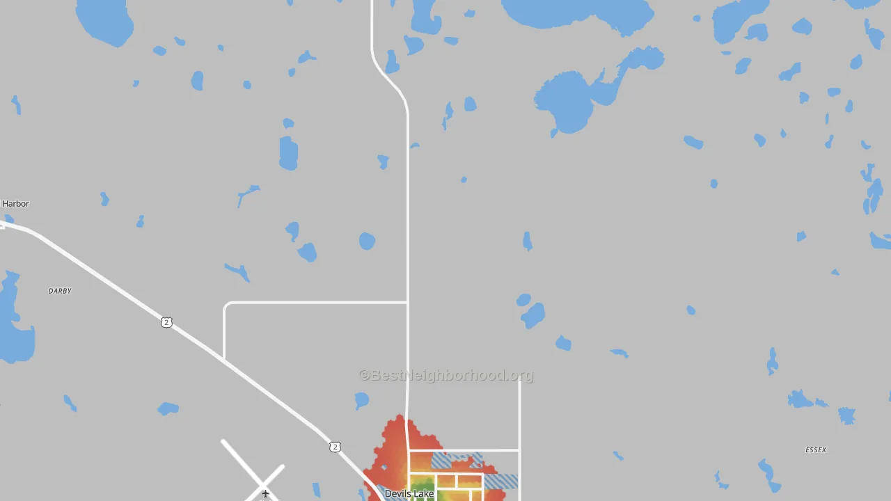 Walk Grade map of South Minnewaukan, ND, walkable areas in green and car-dependent areas in red