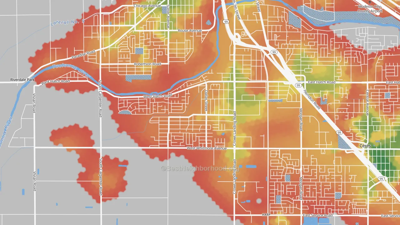 Walk Grade map of South Modesto Acres, Modesto, CA, walkable areas in green and car-dependent areas in red