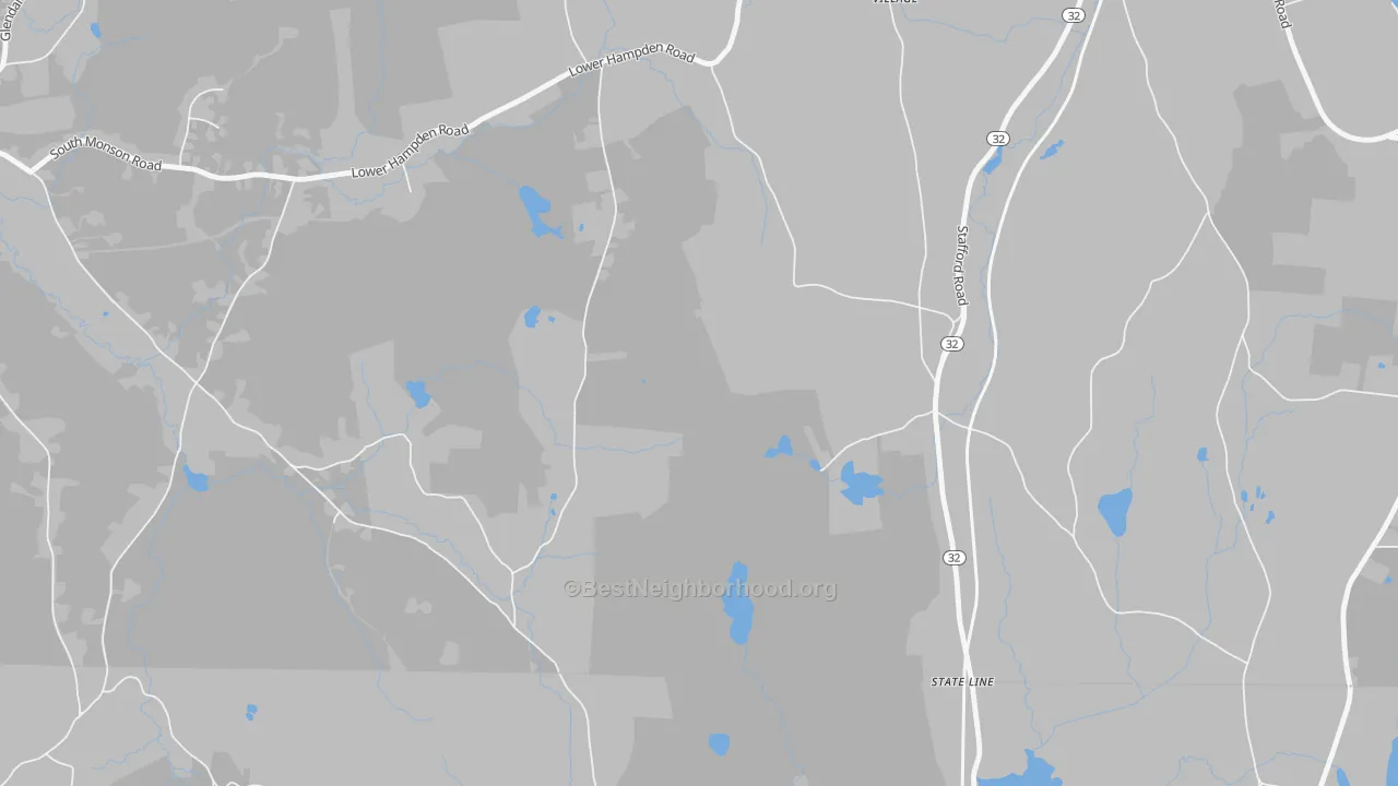 Walk Grade map of South Monson, MA, walkable areas in green and car-dependent areas in red