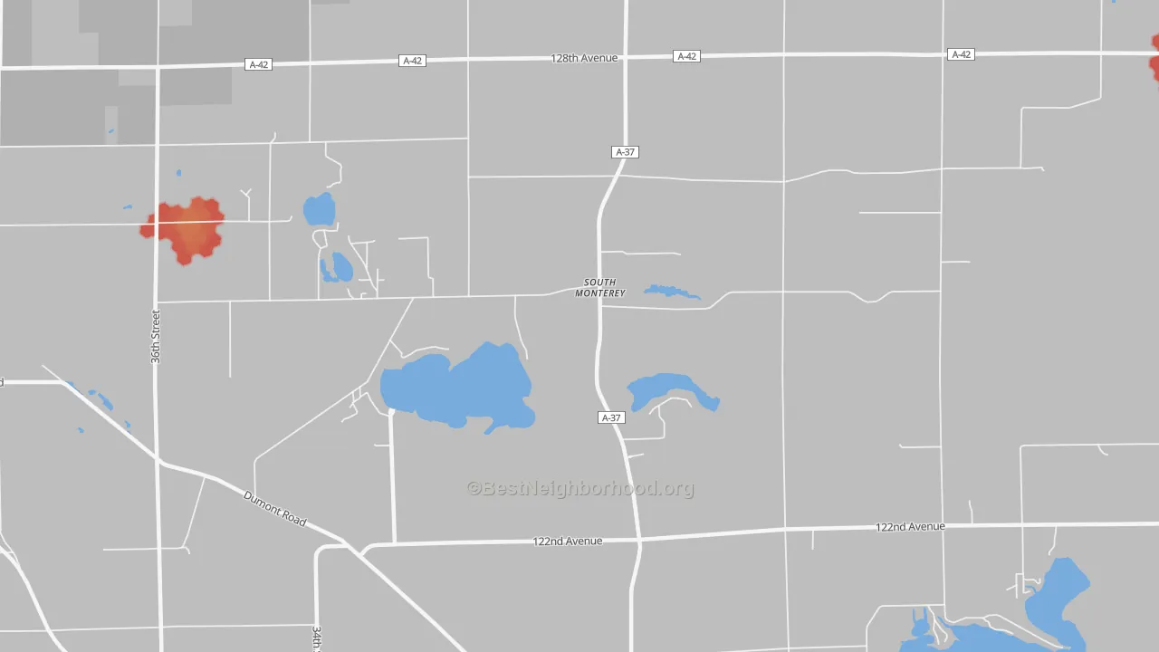 Walk Grade map of South Monterey, MI, walkable areas in green and car-dependent areas in red