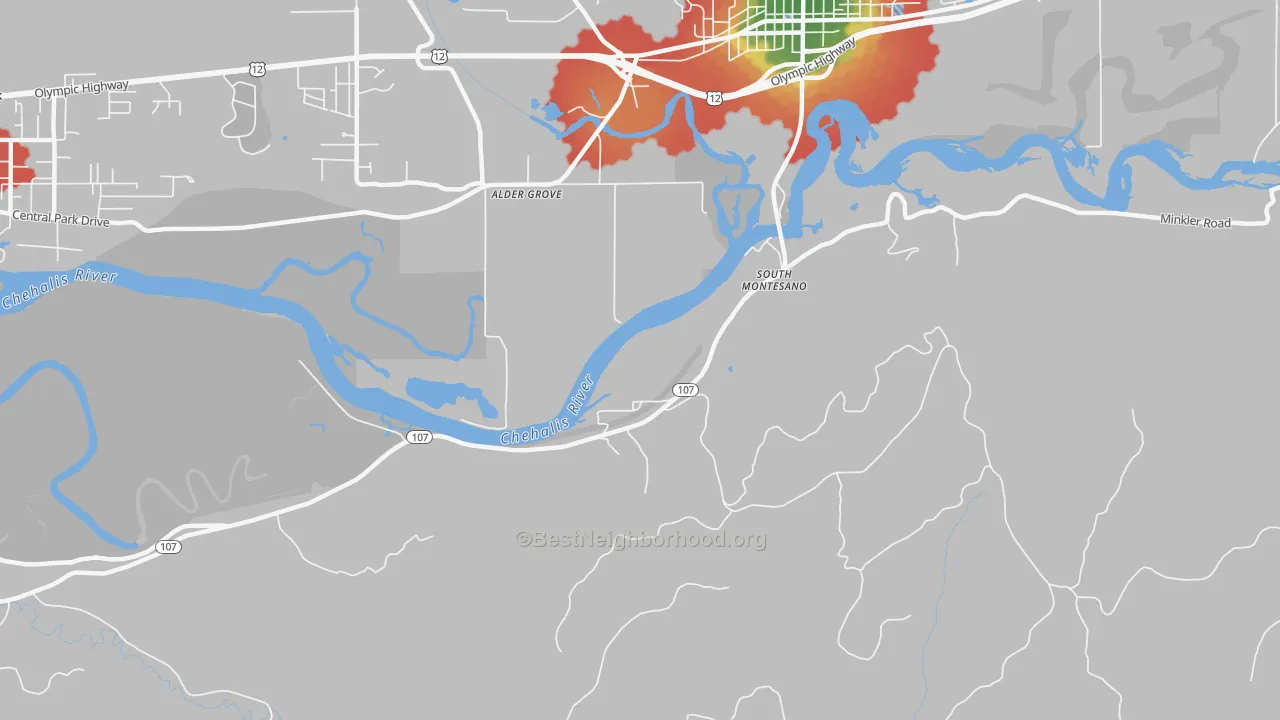 Walk Grade map of South Montesano, WA, walkable areas in green and car-dependent areas in red