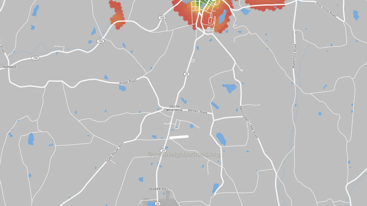 Walk Grade map of South Montrose, PA, walkable areas in green and car-dependent areas in red