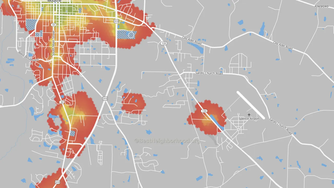 Walk Grade map of South Moultrie, GA, walkable areas in green and car-dependent areas in red