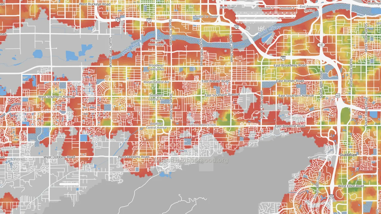 Walk Grade map of South Mountain, Phoenix, AZ, walkable areas in green and car-dependent areas in red