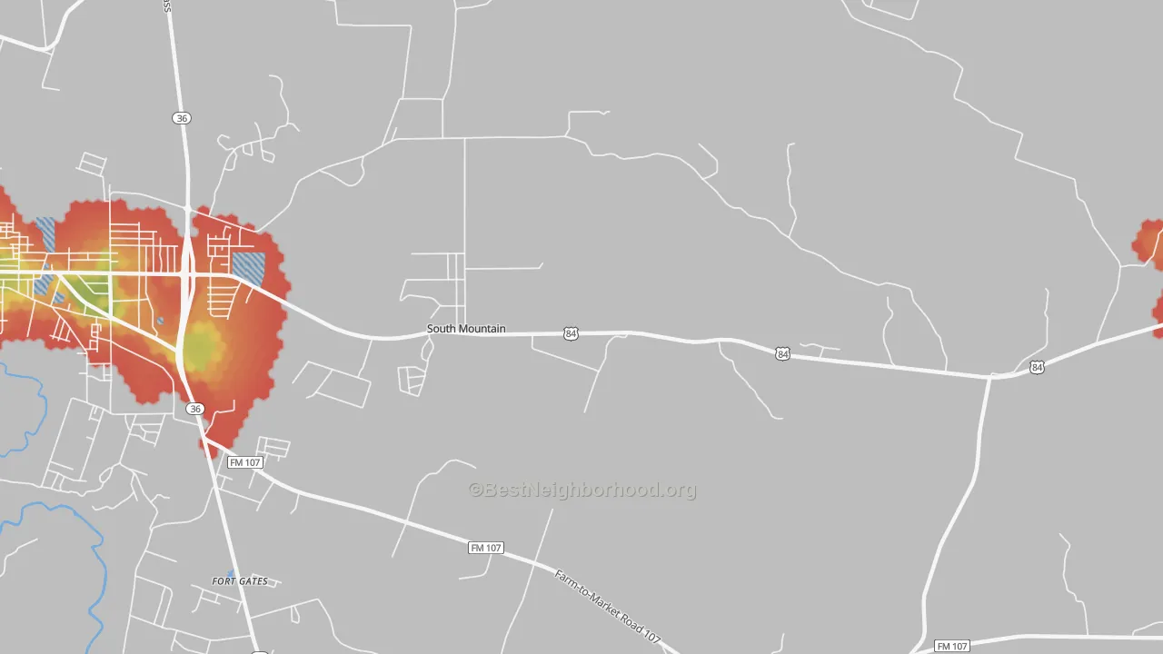Walk Grade map of South Mountain, TX, walkable areas in green and car-dependent areas in red