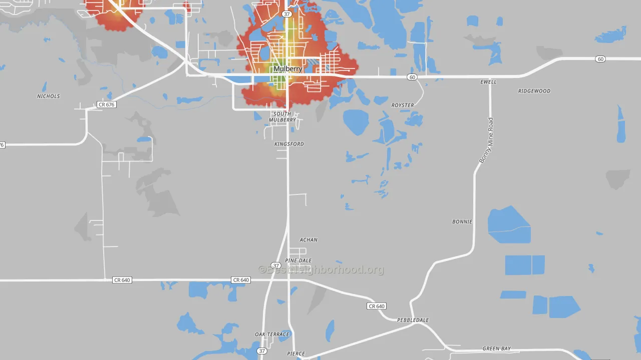 Walk Grade map of South Mulberry, FL, walkable areas in green and car-dependent areas in red