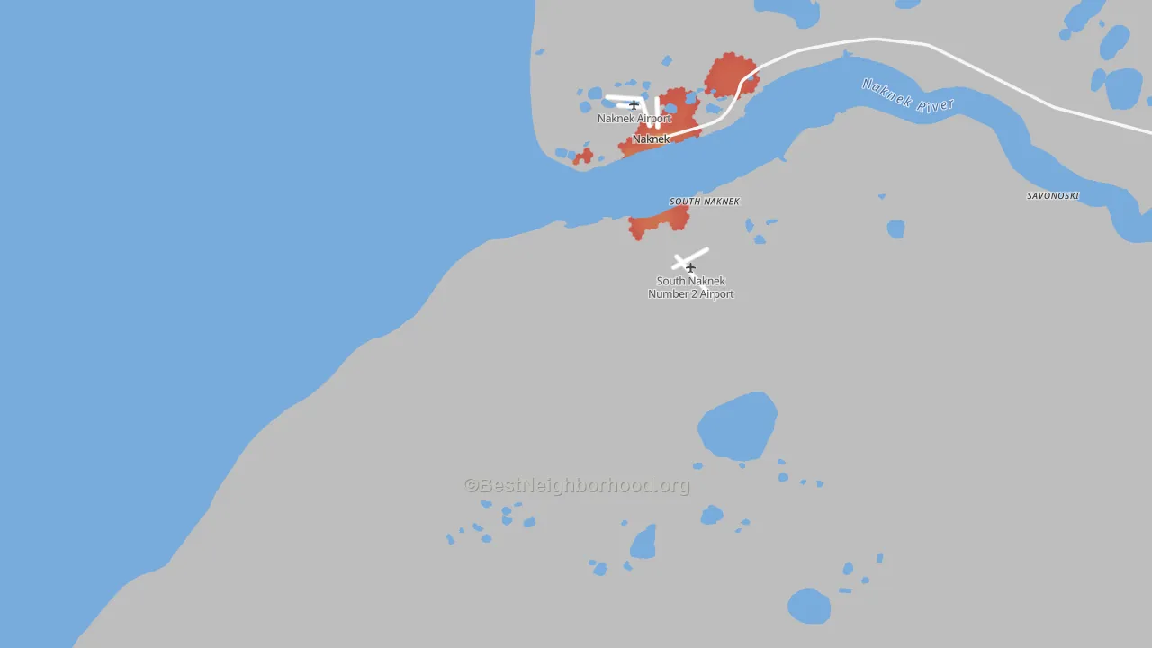 Walk Grade map of South Naknek, AK, walkable areas in green and car-dependent areas in red