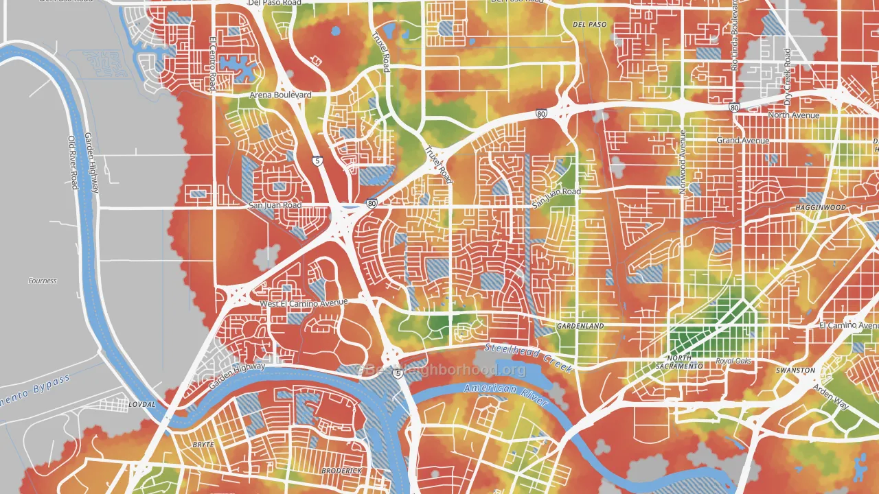 Walk Grade map of South Natomas, Sacramento, CA, walkable areas in green and car-dependent areas in red