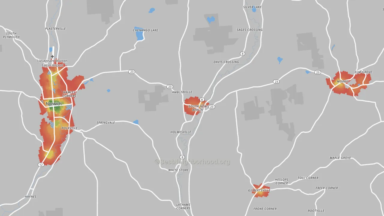 Walk Grade map of South New Berlin, NY, walkable areas in green and car-dependent areas in red