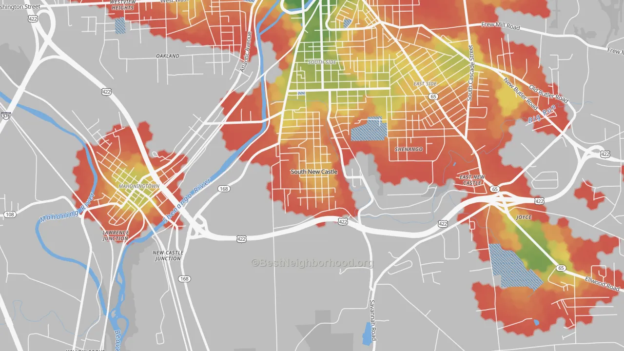 Walk Grade map of South New Castle, PA, walkable areas in green and car-dependent areas in red
