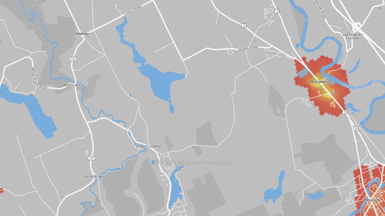 Walk Grade map of South Newbury, NH, walkable areas in green and car-dependent areas in red
