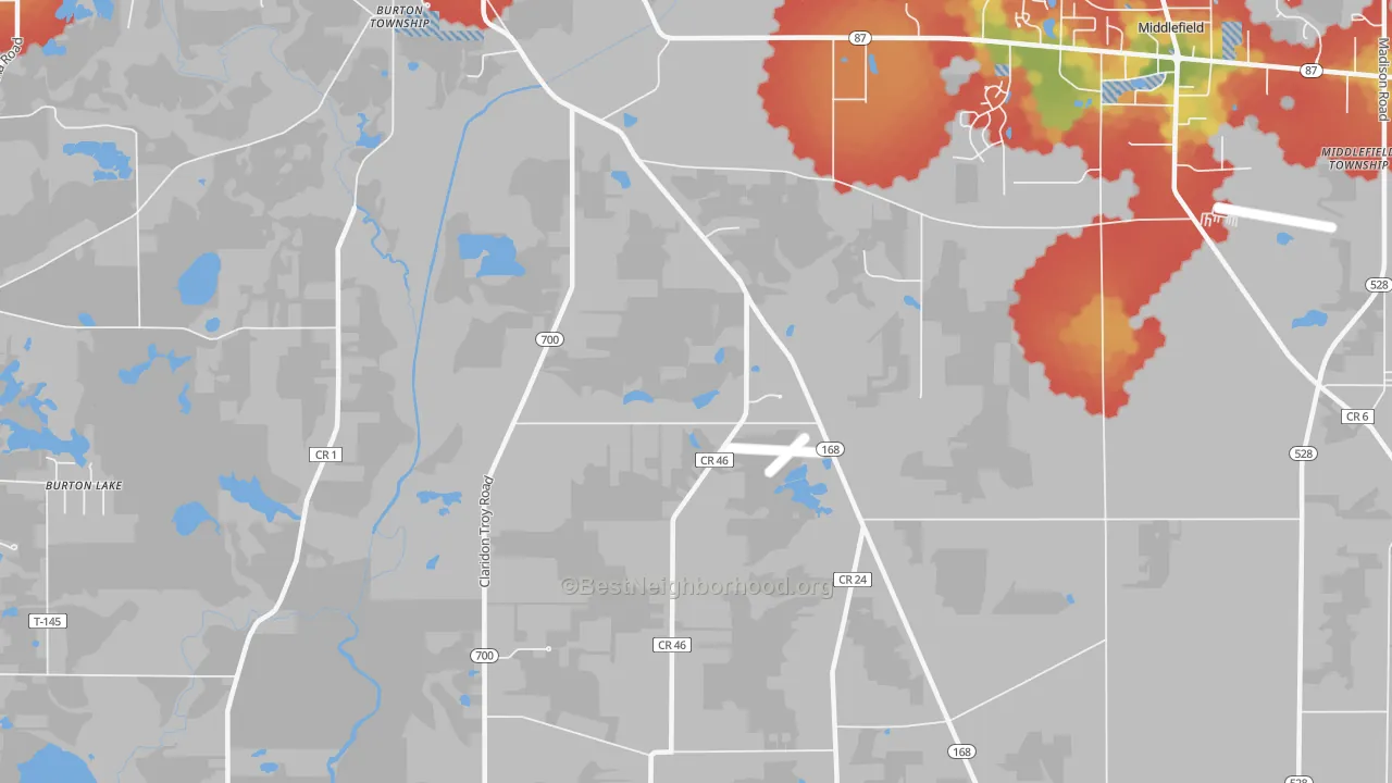 Walk Grade map of South Newbury, OH, walkable areas in green and car-dependent areas in red