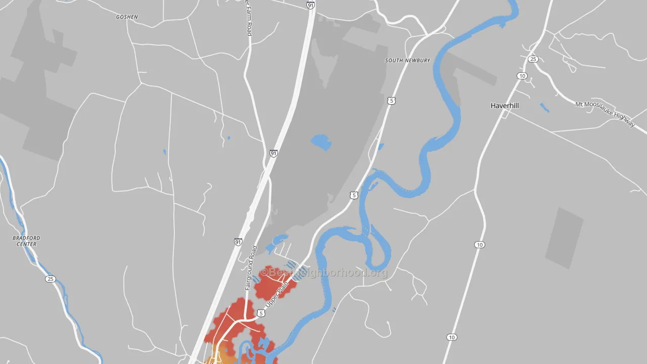Walk Grade map of South Newbury, VT, walkable areas in green and car-dependent areas in red