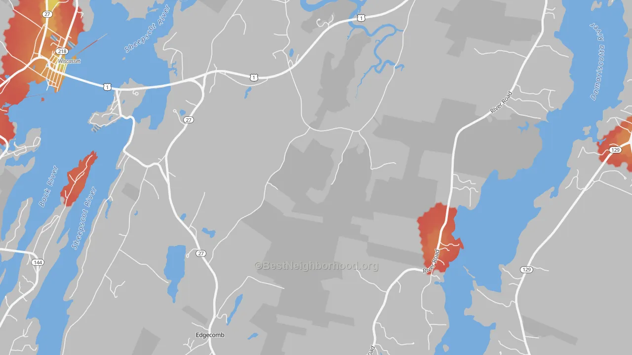 Walk Grade map of South Newcastle, ME, walkable areas in green and car-dependent areas in red