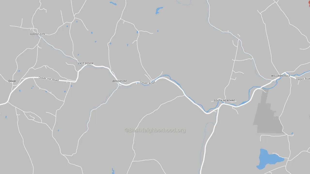 Walk Grade map of South Newfane, VT, walkable areas in green and car-dependent areas in red