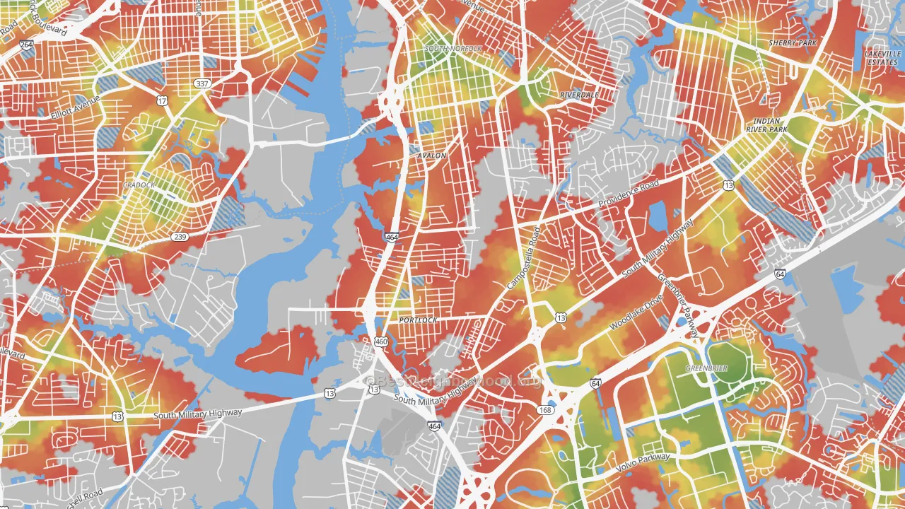 Walk Grade map of South Norfolk, Chesapeake, VA, walkable areas in green and car-dependent areas in red