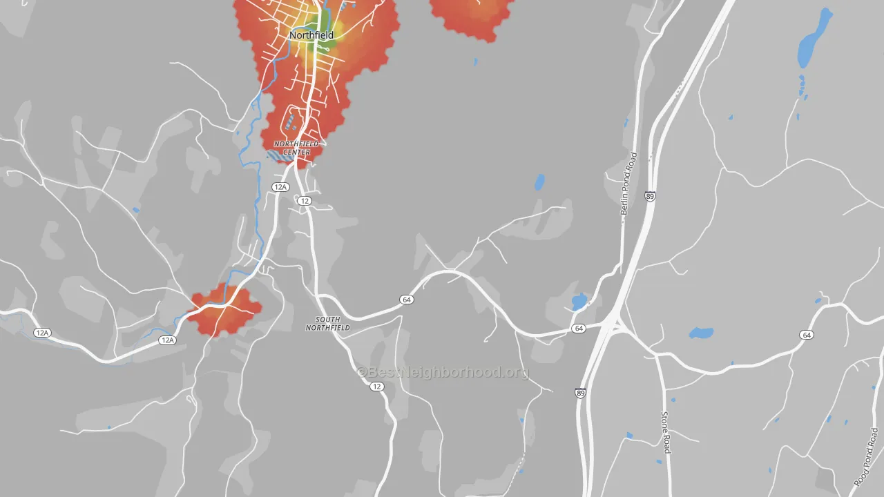 Walk Grade map of South Northfield, VT, walkable areas in green and car-dependent areas in red