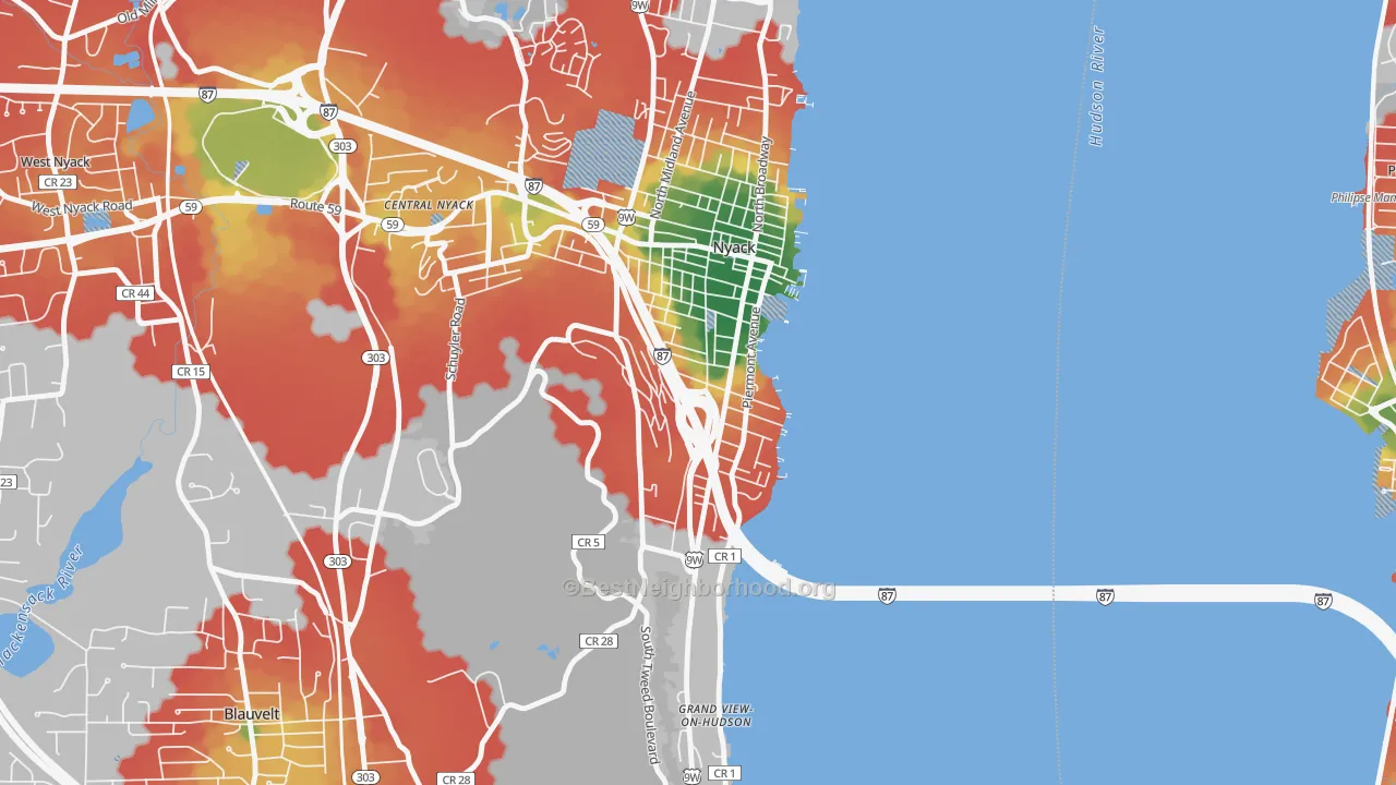 Walk Grade map of South Nyack, NY, walkable areas in green and car-dependent areas in red