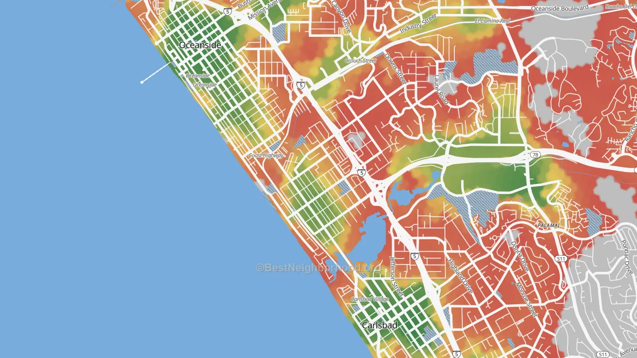 Walk Grade map of South Oceanside, Oceanside, CA, walkable areas in green and car-dependent areas in red