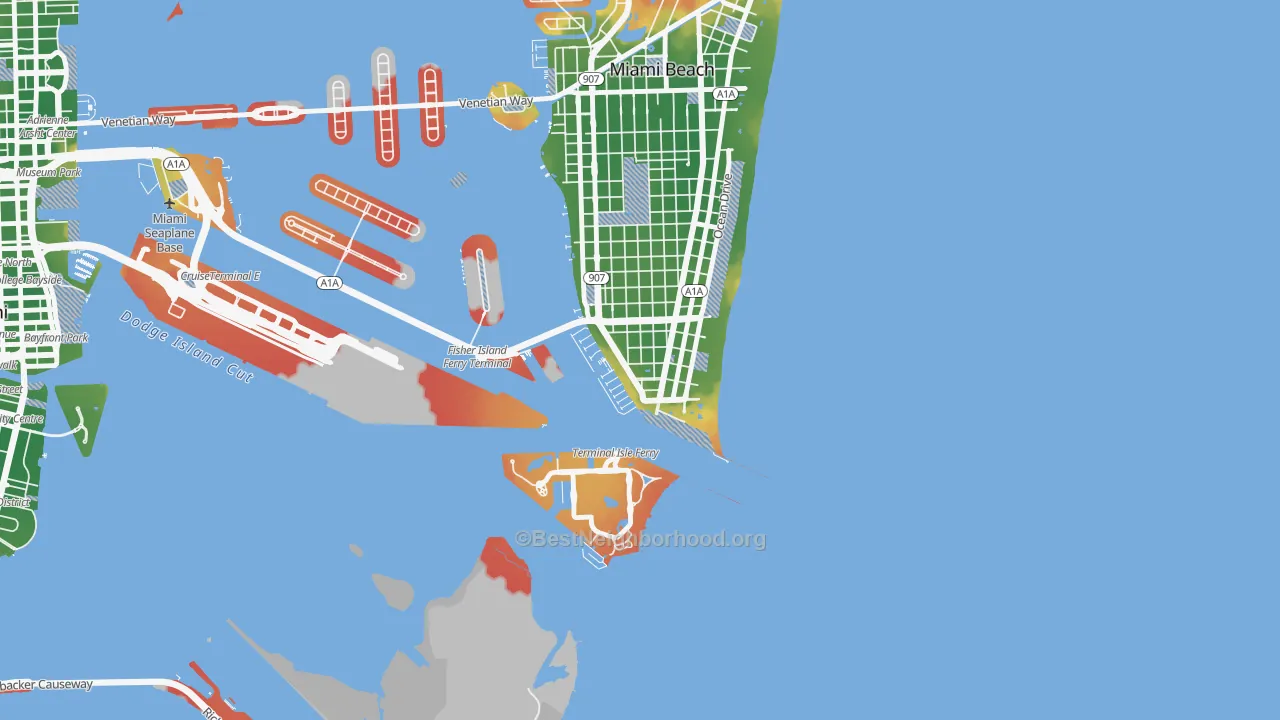 Walk Grade map of South of Fifth, Miami Beach, FL, walkable areas in green and car-dependent areas in red