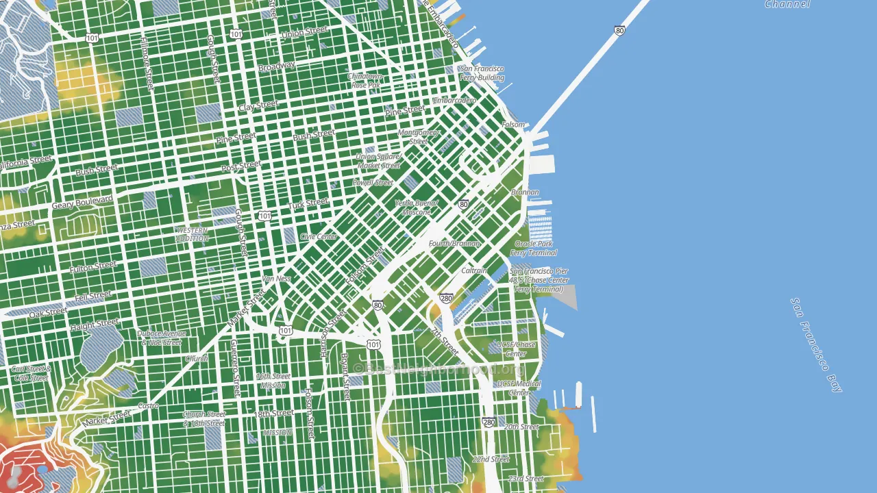 Walk Grade map of South of Market, San Francisco, CA, walkable areas in green and car-dependent areas in red