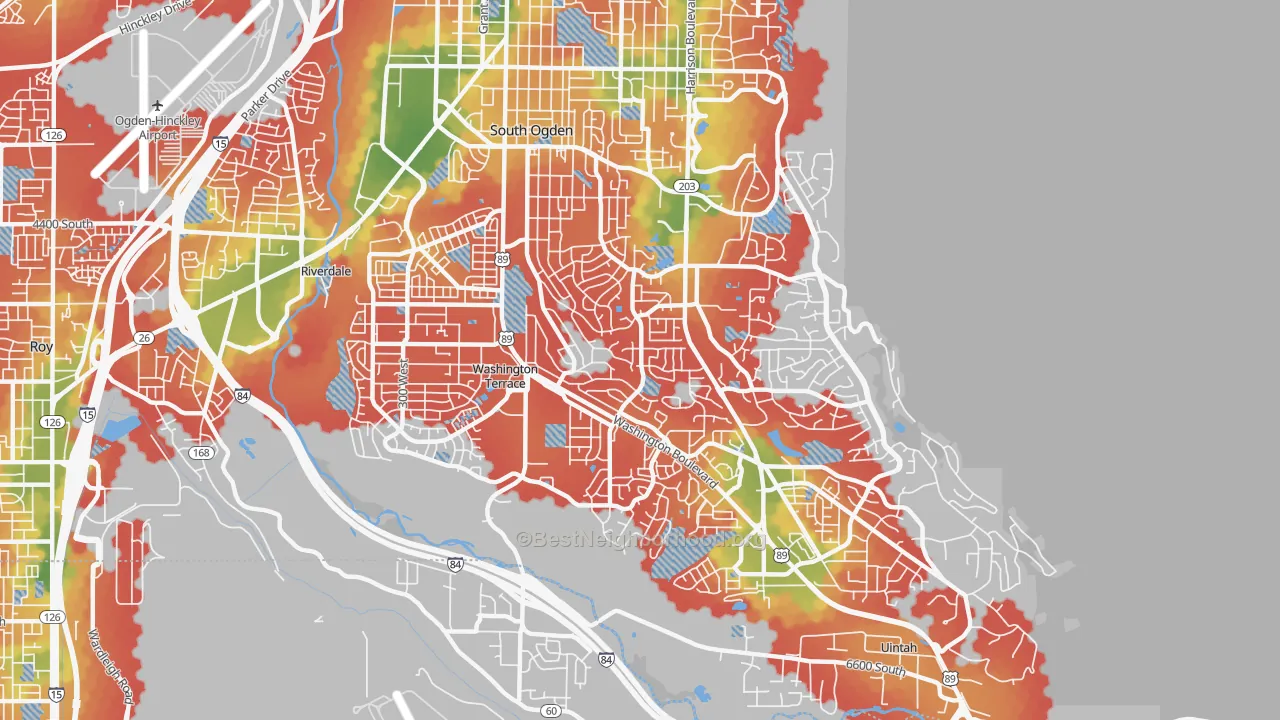 Walk Grade map of South Ogden, UT, walkable areas in green and car-dependent areas in red