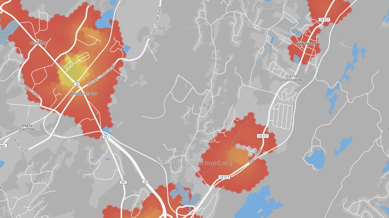 Walk Grade map of South Ogdensburg, NJ, walkable areas in green and car-dependent areas in red