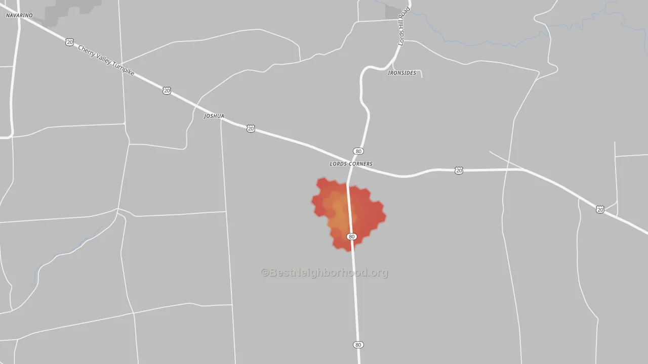 Walk Grade map of South Onondaga, NY, walkable areas in green and car-dependent areas in red