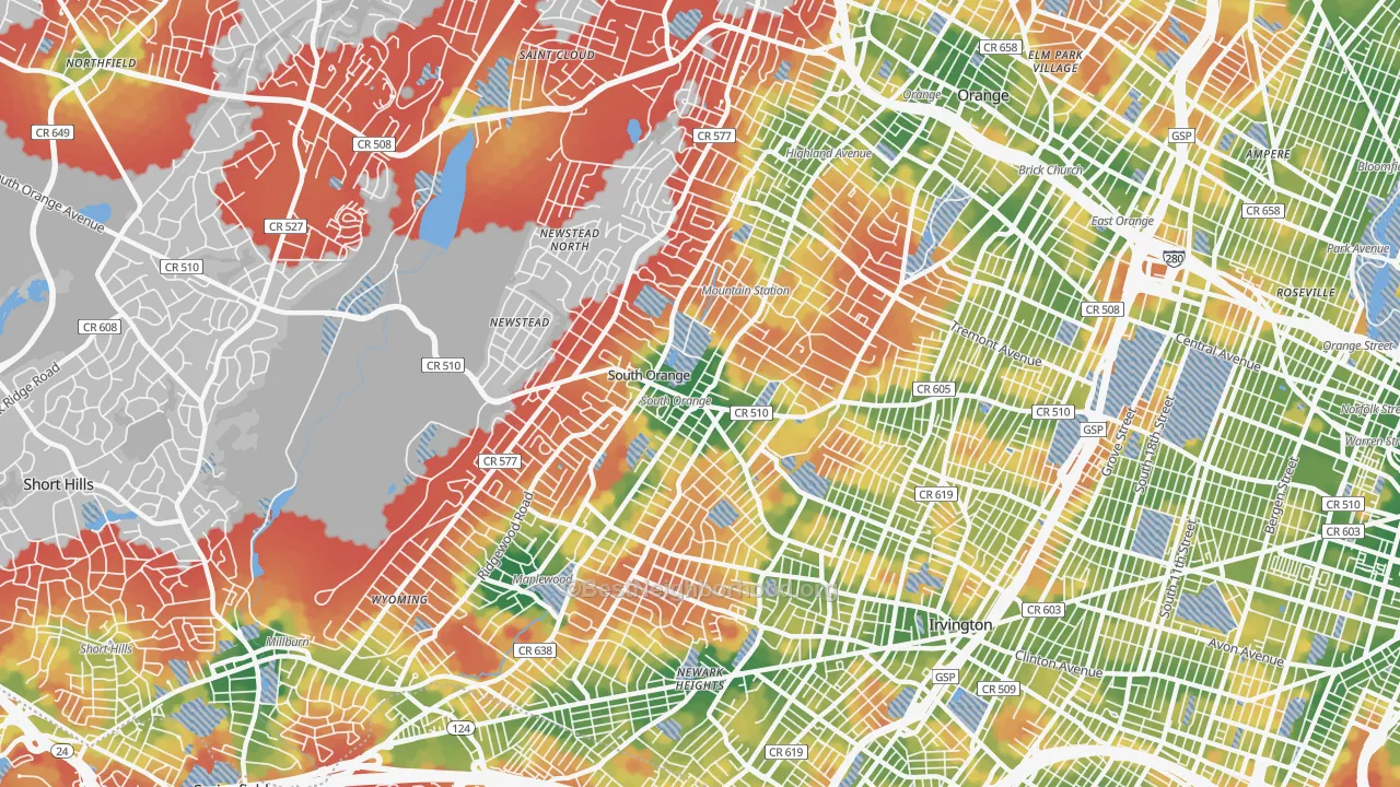 Walk Grade map of South Orange, NJ, walkable areas in green and car-dependent areas in red