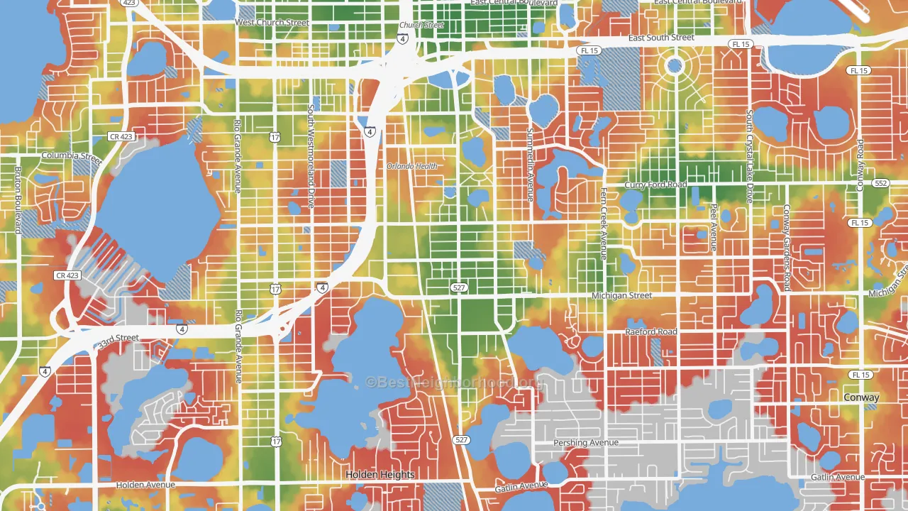 Walk Grade map of South Orange, Orlando, FL, walkable areas in green and car-dependent areas in red