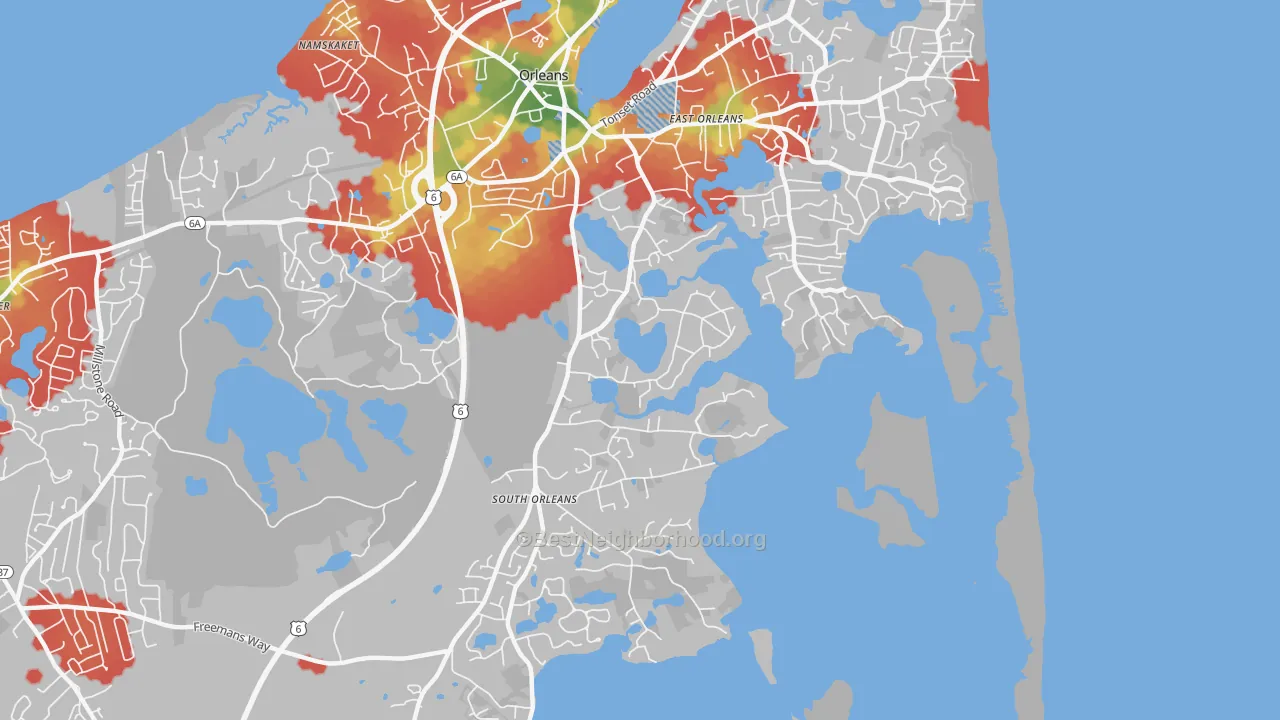 Walk Grade map of South Orleans, MA, walkable areas in green and car-dependent areas in red