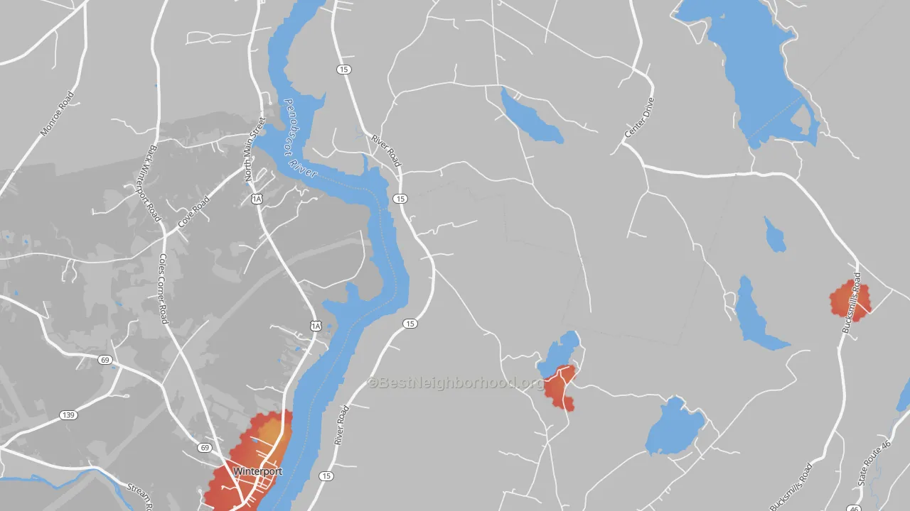 Walk Grade map of South Orrington, ME, walkable areas in green and car-dependent areas in red
