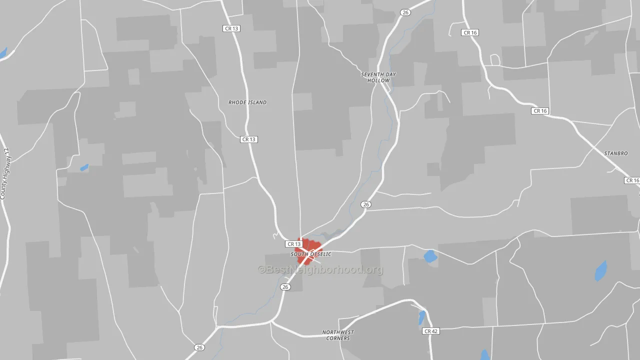 Walk Grade map of South Otselic, NY, walkable areas in green and car-dependent areas in red