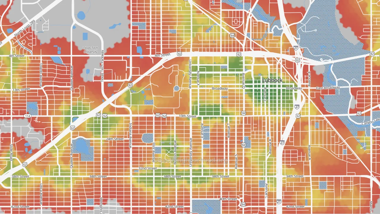 Walk Grade map of South Overton, Lubbock, TX, walkable areas in green and car-dependent areas in red
