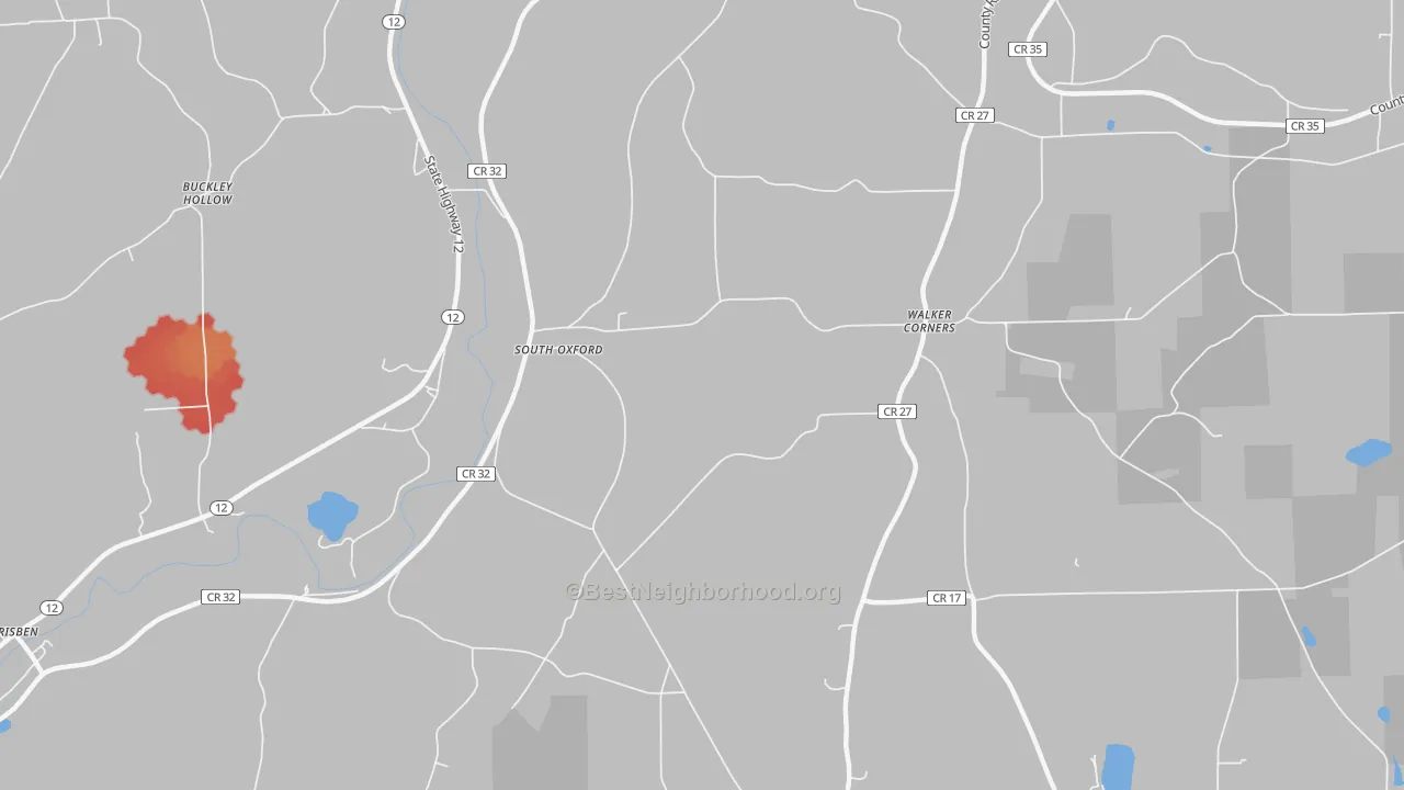 Walk Grade map of South Oxford, NY, walkable areas in green and car-dependent areas in red