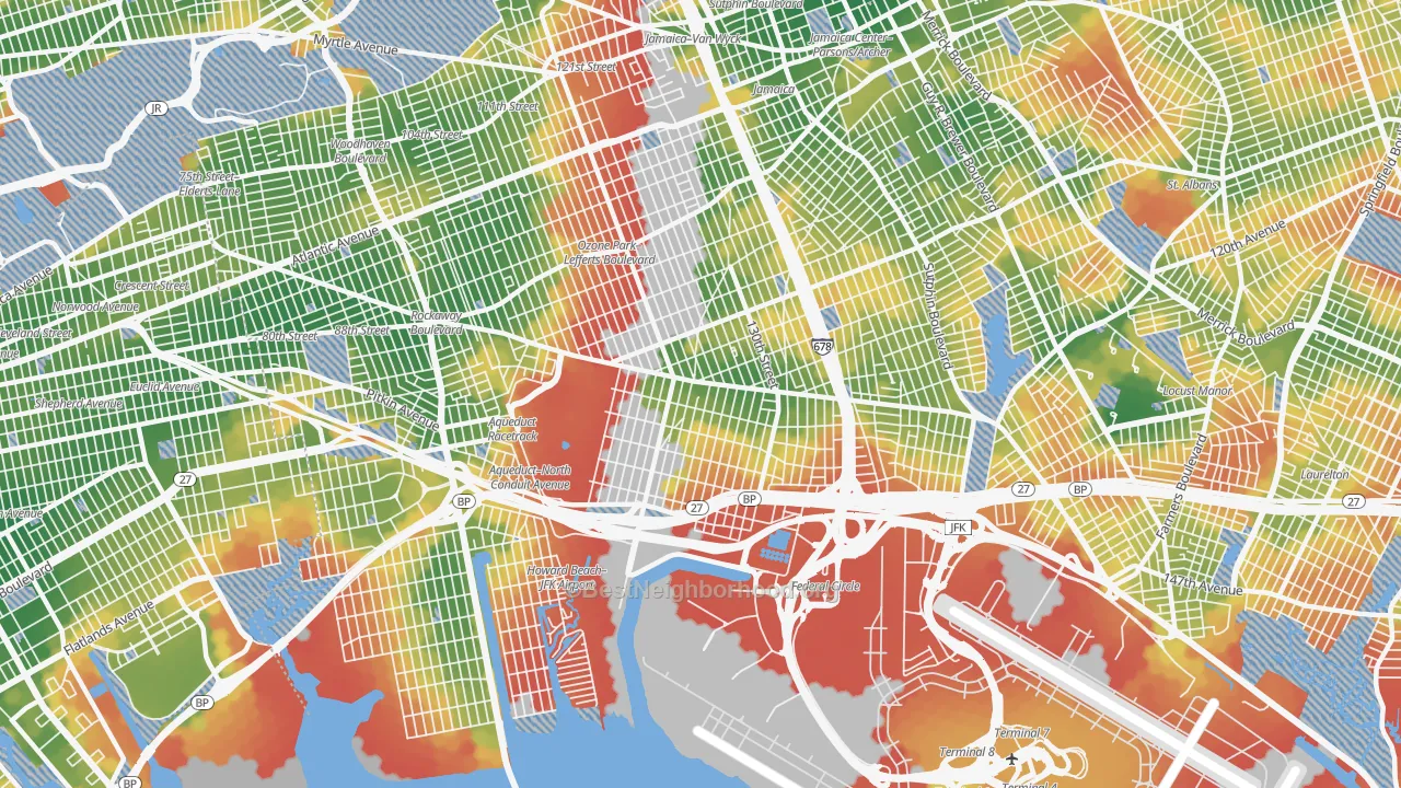 Walk Grade map of South Ozone Park, Queens, NY, walkable areas in green and car-dependent areas in red