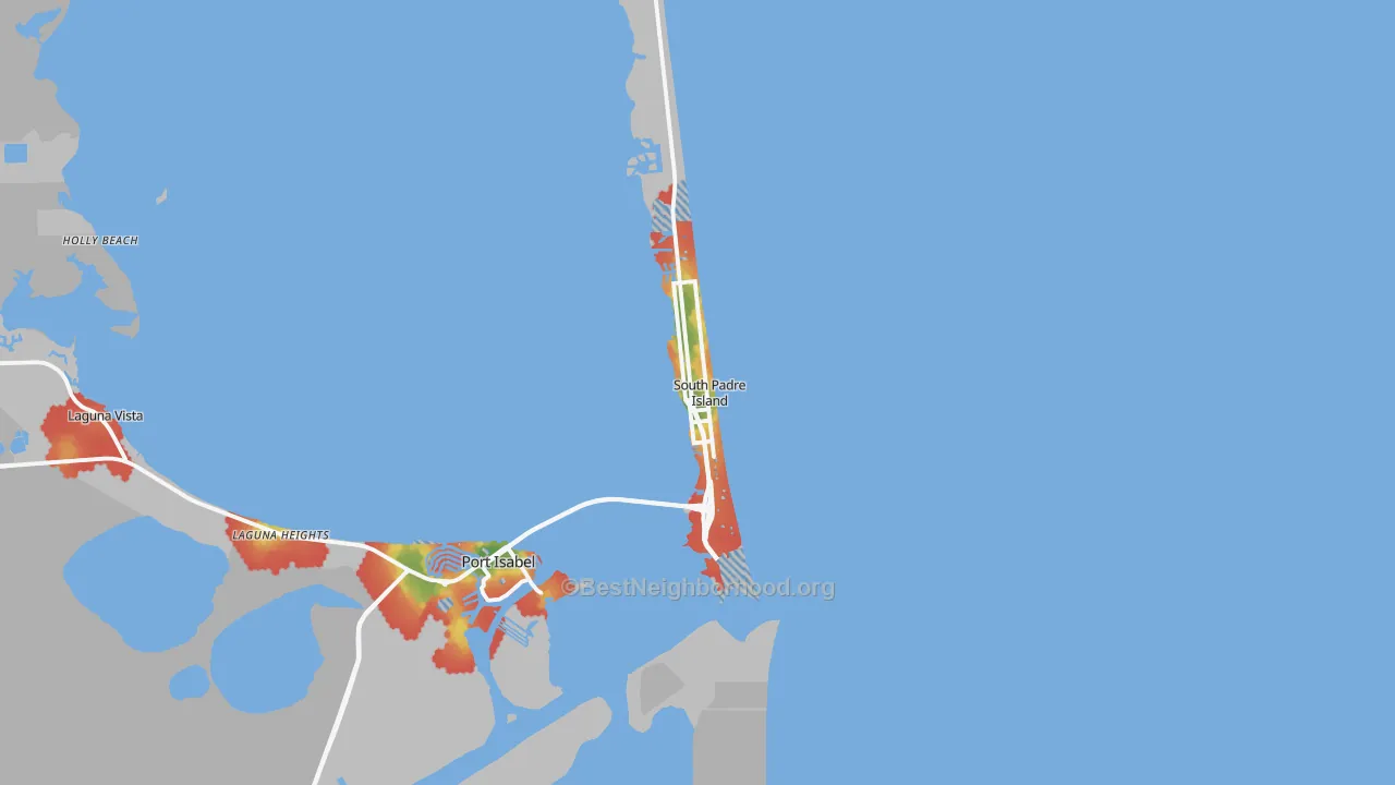 Walk Grade map of South Padre Island, TX, walkable areas in green and car-dependent areas in red