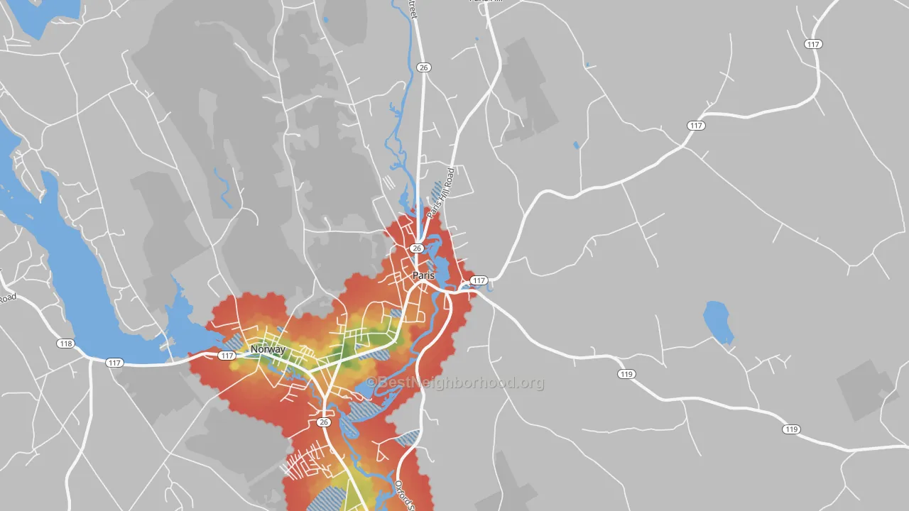 Walk Grade map of South Paris, ME, walkable areas in green and car-dependent areas in red