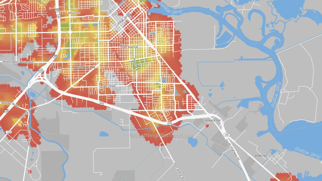 Walk Grade map of South Park, Beaumont, TX, walkable areas in green and car-dependent areas in red
